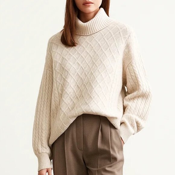 New Cable Knit Turtleneck Sweater Relaxed Fit Oversized Cozy Slouchy Loose - XL - Picture 3 of 10